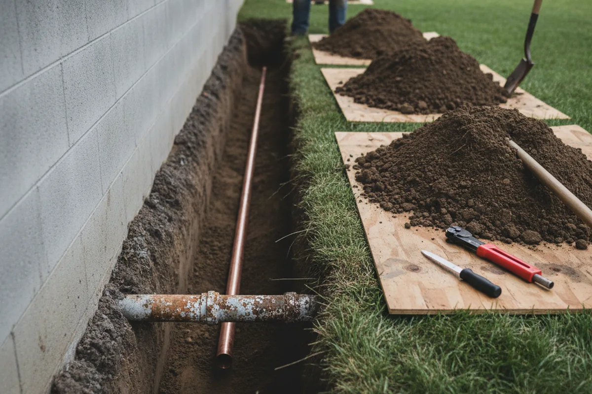 Excavated water line trench during Water Softener Installation in Albion